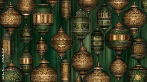 Intricately Designed Ornamental Lanterns Hanging Against a Green Background