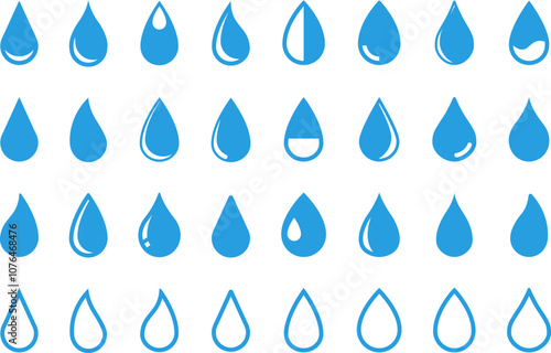 Vector blue water drop icon set. Flat droplet shapes collection