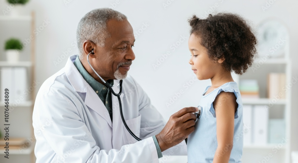 Doctor conducting health checkup on young child in a medical office setting Doctor conducting health checkup on young child in a medical office setting
