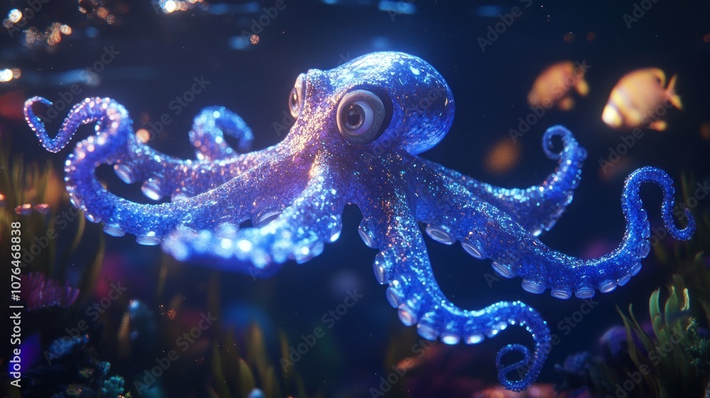 A Shiny Blue Octopus Swimming Through a Dark Underwater World A Shiny Blue Octopus Swimming Through a Dark Underwater World