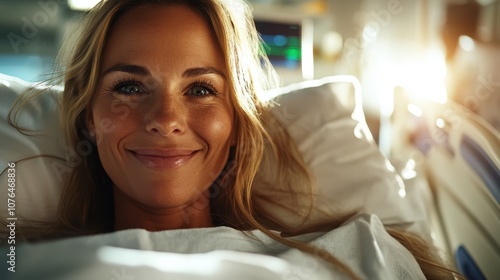 A joyful woman with a relaxed expression lies comfortably in a hospital bed, highlighting themes of recovery, happiness, and the importance of healthcare support. photo