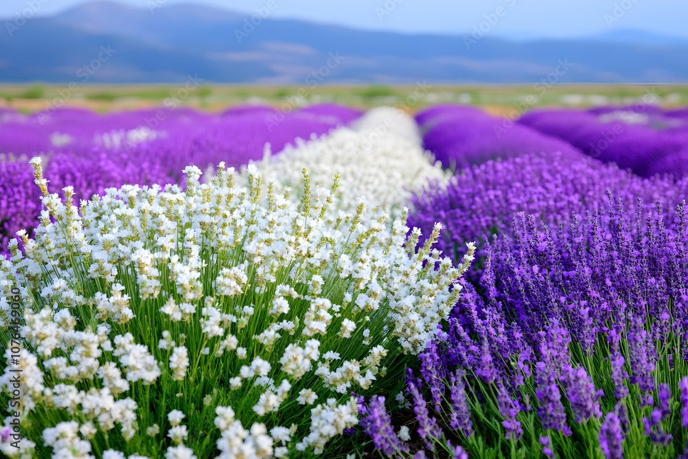 Naklejka premium Vibrant lavender and herb plants in pots and fields, capturing the beauty and tranquility of blooming flowers, perfect for garden and nature themes