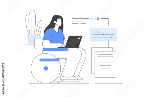 Disabled woman in wheel chair productive work with computer. SEO analysis software. Remote Work Concept. Flat Cartoon Vector Illustration, icon. Stylish, Minimalist Modern