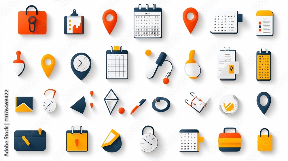 A set of colorful icons representing various location time and date related concepts such as map pins hourglasses and monthly planners A set of colorful icons representing various location time and date related concepts such as map pins hourglasses and monthly planners