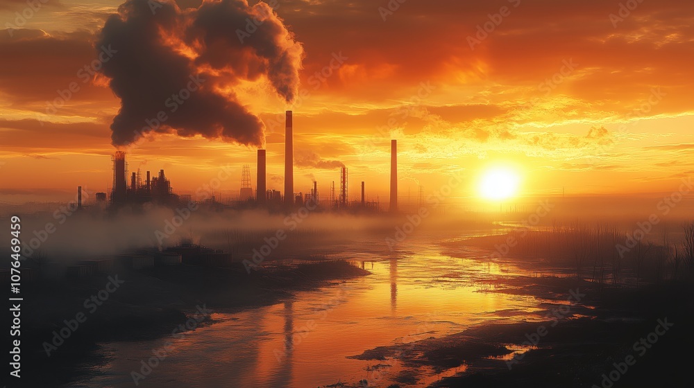 Factory emissions and smokestacks against dawn sky. Industrial factory with tall smokestacks emitting smoke into the dawn sky, reflecting environmental concerns in heavy industry. Factory emissions and smokestacks against dawn sky. Industrial factory with tall smokestacks emitting smoke into the dawn sky, reflecting environmental concerns in heavy industry.