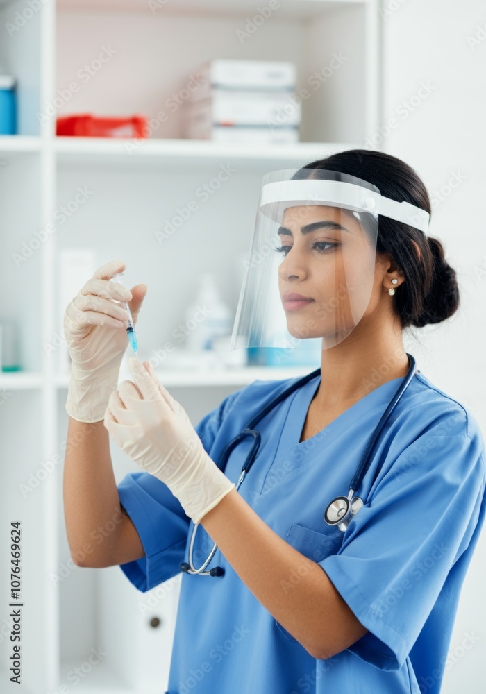 Healthcare worker preparing vaccine in protective gear Healthcare worker preparing vaccine in protective gear