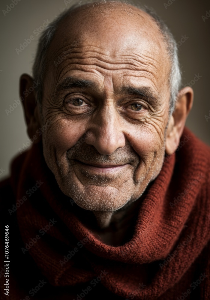 Elderly man smiling warmly in cozy red scarf portrait. Natural beauty Elderly man smiling warmly in cozy red scarf portrait. Natural beauty