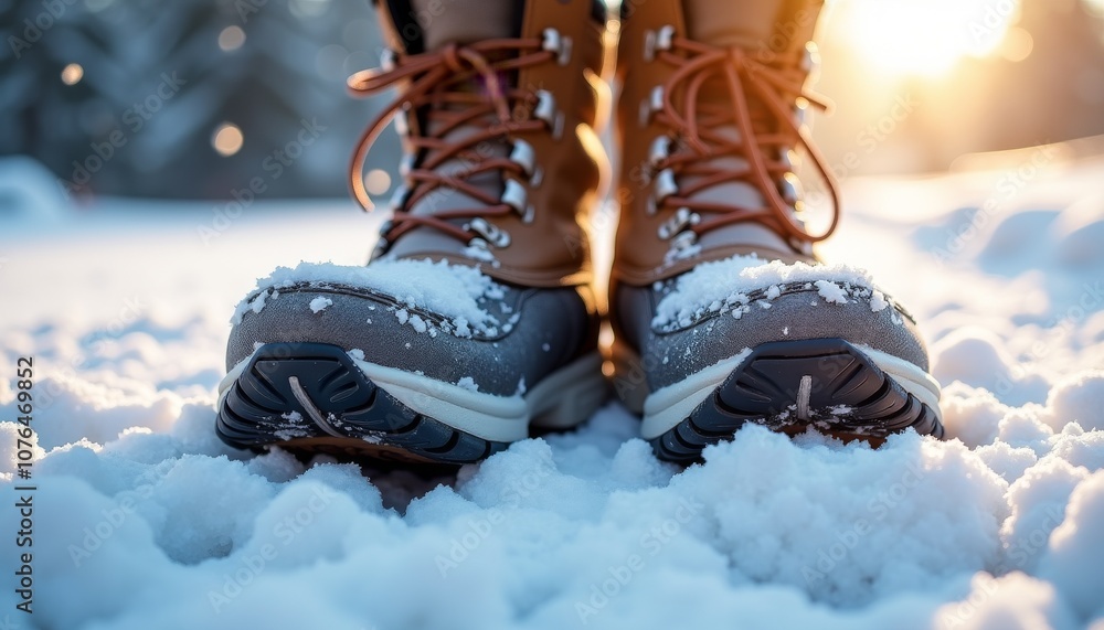 Person's feet in snow boots standing in soft snow during golden hour with sunlight Person's feet in snow boots standing in soft snow during golden hour with sunlight