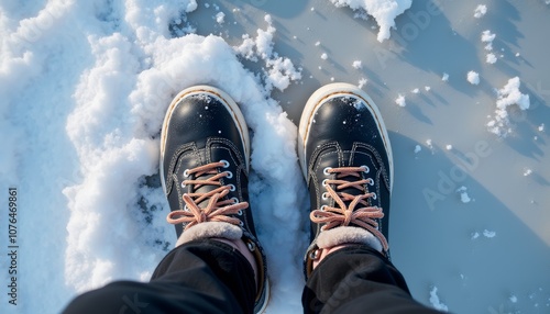 Person's feet in black snow boots standing on snowy surface with shadows and winter light photo