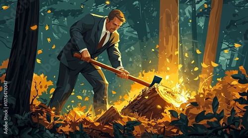 A man in a formal suit wields an axe to chop wood amidst a glowing autumn forest, embodying hard work and persistence, captured in warm evening light. photo