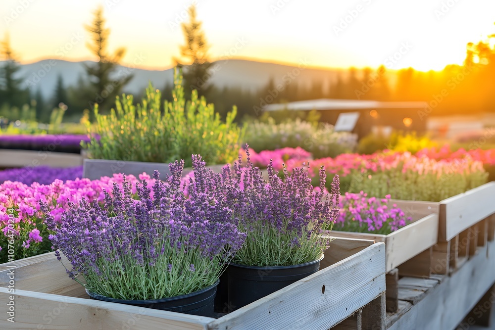 Vibrant lavender and herb plants in pots and fields, capturing the beauty and tranquility of blooming flowers, perfect for garden and nature themes Vibrant lavender and herb plants in pots and fields, capturing the beauty and tranquility of blooming flowers, perfect for garden and nature themes