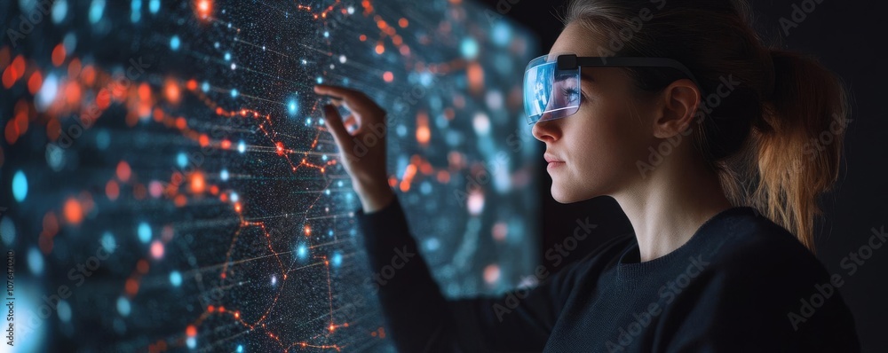 Space analyst reviewing telescope data on AR screen, galaxy visuals, astronomy, tech Space analyst reviewing telescope data on AR screen, galaxy visuals, astronomy, tech