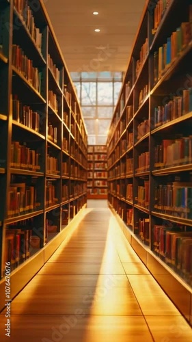 Wallpaper Mural A sunlit library aisle lined with bookshelves, creating a warm and inviting atmosphere. Torontodigital.ca