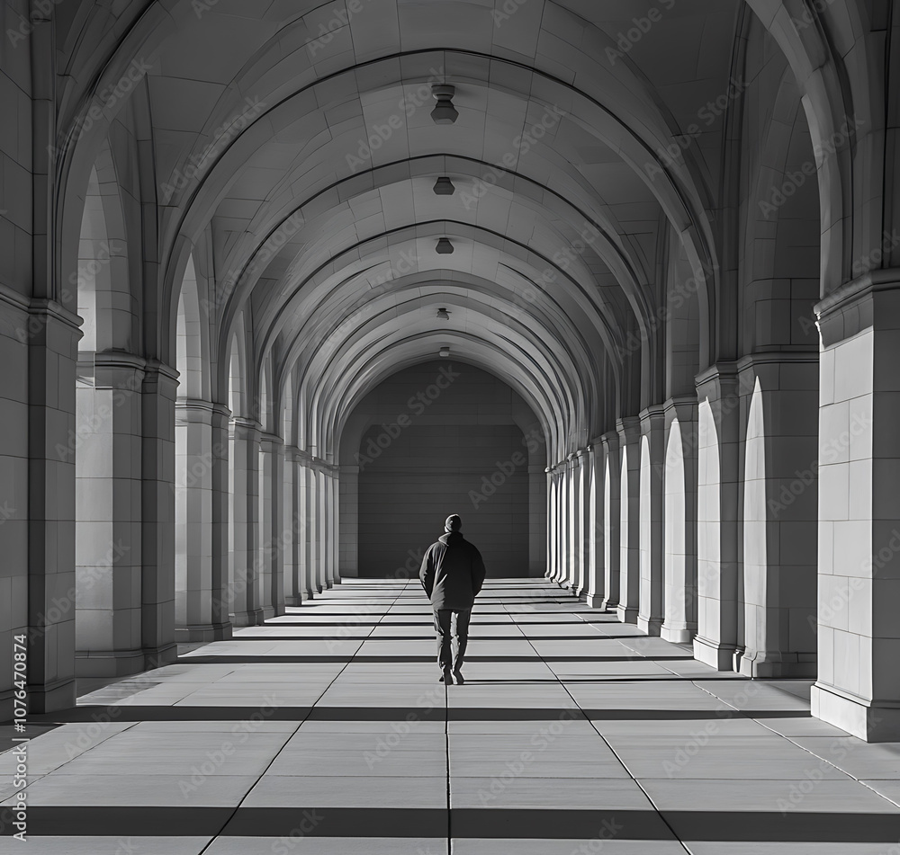 solitary figure walks through series of symmetrical arches, creating striking black and white composition. interplay of light and shadow enhances architectural beauty solitary figure walks through series of symmetrical arches, creating striking black and white composition. interplay of light and shadow enhances architectural beauty