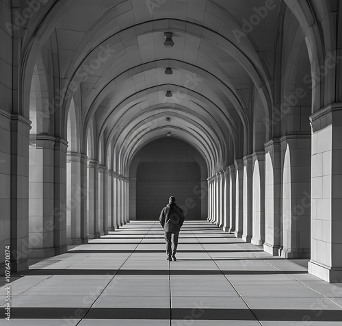 solitary figure walks through series of symmetrical arches, creating striking black and white composition. interplay of light and shadow enhances architectural beauty