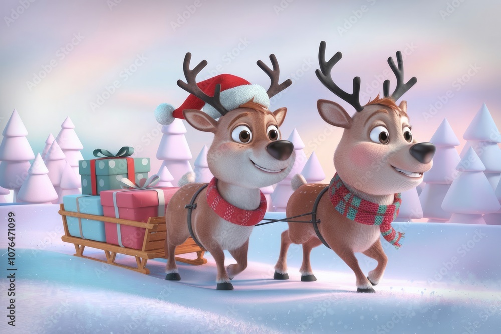 Two cute cartoon reindeer pulling a sled full of gifts in a snowy winter wonderland. Two cute cartoon reindeer pulling a sled full of gifts in a snowy winter wonderland.