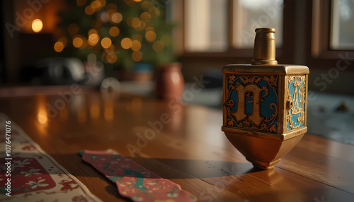 Decorative dreidel on wooden table with festive background photo