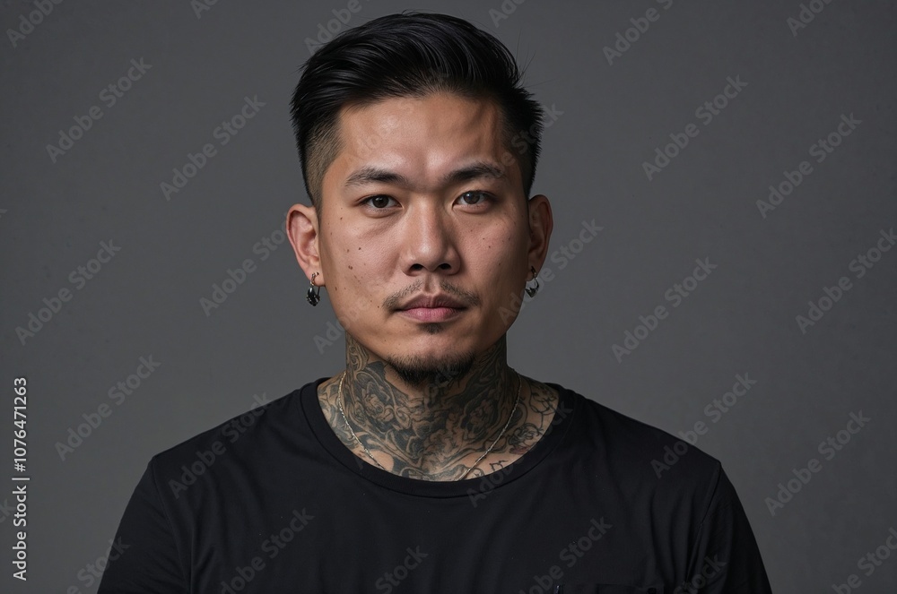 Fototapeta premium Asian american man posing for a photo in a studio, handsome young man with tattoos.