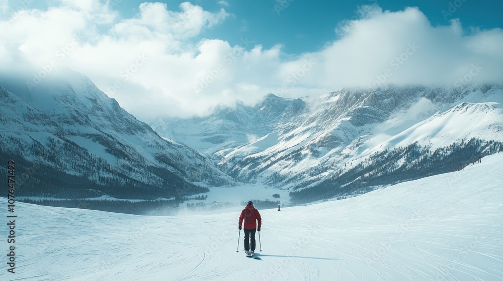 Skier Descending Snowy Mountain Skier Descending Snowy Mountain