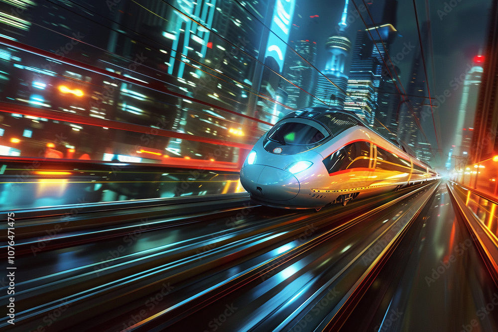 Modern high-speed train in fast motion passes through railway stations Modern high-speed train in fast motion passes through railway stations