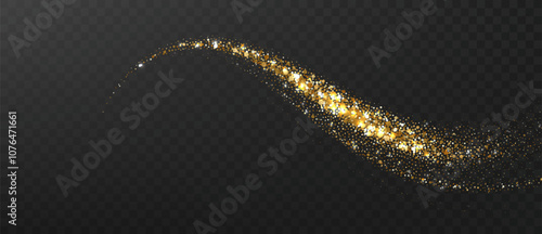 Golden glitter dust. Trace of Christmas star. Magical dust wave on dark transparent background.