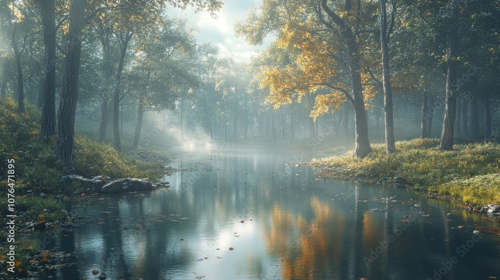 Fototapeta premium Misty Forest Creek with Sunbeams and Fallen Leaves