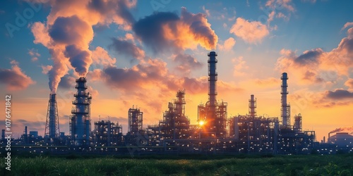 Large refinery at sunset with vibrant clouds. Expansive refinery complex at sunset with vibrant clouds and smoke emissions, highlighting the contrast between industry and nature.