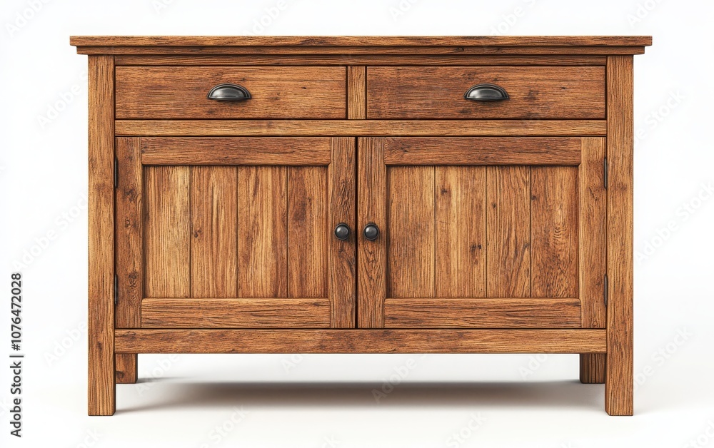 A 3D rendering of a wooden cabinet with doors and drawers, ideal for home storage and decor, displayed on a simple white background. A 3D rendering of a wooden cabinet with doors and drawers, ideal for home storage and decor, displayed on a simple white background.