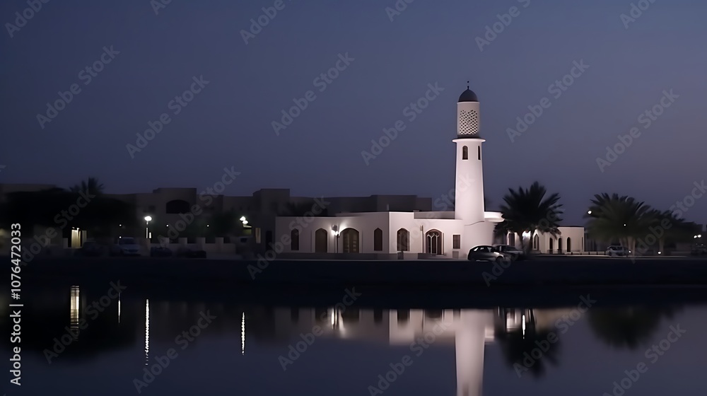 A White Mosque with a Minarets Lit Up at Night A White Mosque with a Minarets Lit Up at Night