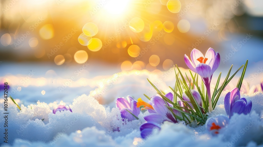 Purple Crocuses Blooming in the Snow Purple Crocuses Blooming in the Snow