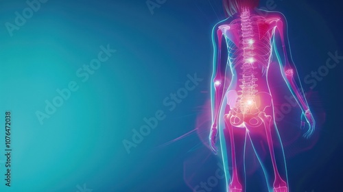 Medical Illustration of Female Skeleton with Spinal Pain