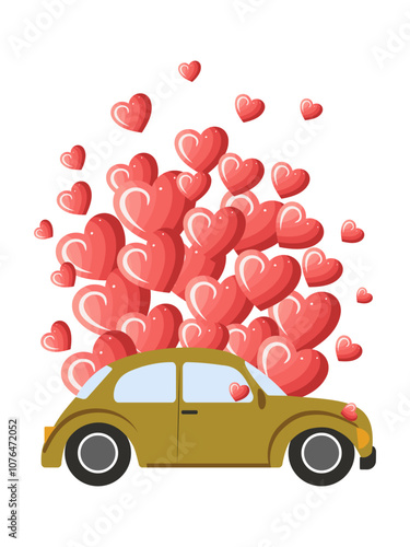 A green retro car surrounded by floating red hearts. Romantic illustration for Valentine's Day. Vector.