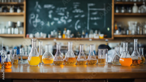 Chemistry lab with glassware and equipment neatly arranged on a counter, with formulas written on a whiteboard