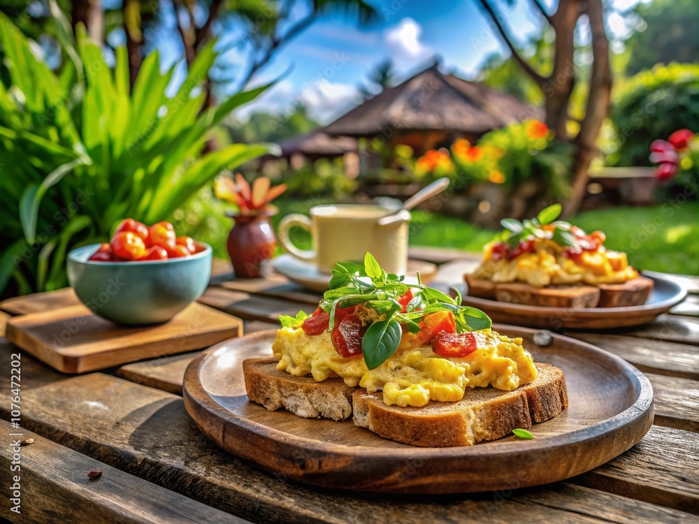 Exquisite Outdoor Breakfast Featuring Toasted Bread with Scrambled Eggs and Crispy Bacon on a Rustic Wooden Table at a Resort, Showcasing a Healthy Gourmet Morning Meal Exquisite Outdoor Breakfast Featuring Toasted Bread with Scrambled Eggs and Crispy Bacon on a Rustic Wooden Table at a Resort, Showcasing a Healthy Gourmet Morning Meal