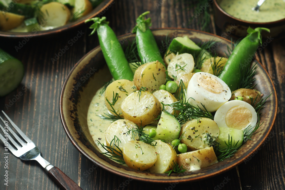 A bowl with farming summer salad in rustic style A bowl with farming summer salad in rustic style