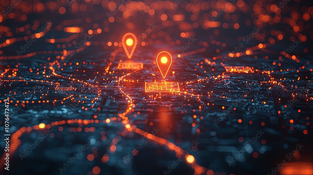 A digital representation of a city map visually enhanced with glowing location signals, symbolizing modern urban navigation and connectivity in vibrant hues. A digital representation of a city map visually enhanced with glowing location signals, symbolizing modern urban navigation and connectivity in vibrant hues.
