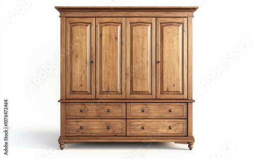 A 3D rendering of a wooden wardrobe with drawers and doors for interior storage, showcased against a white background. 