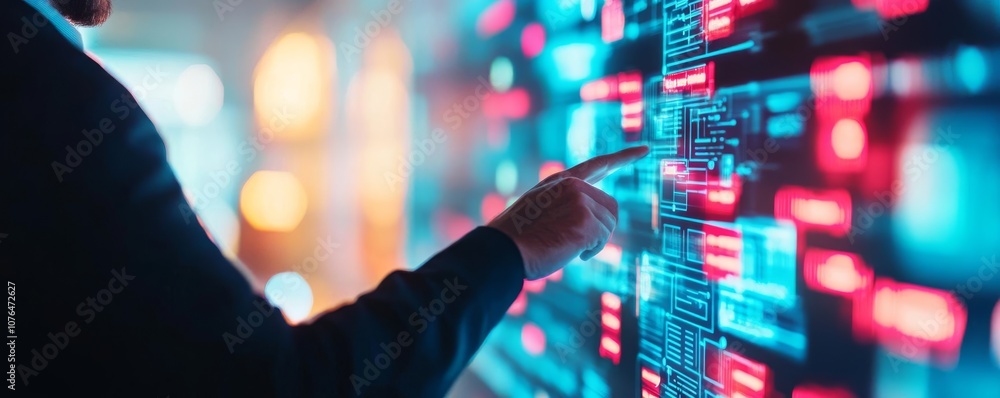 Urban planner reviewing infrastructure data on holographic screen, futuristic city, urban planning, innovation Urban planner reviewing infrastructure data on holographic screen, futuristic city, urban planning, innovation