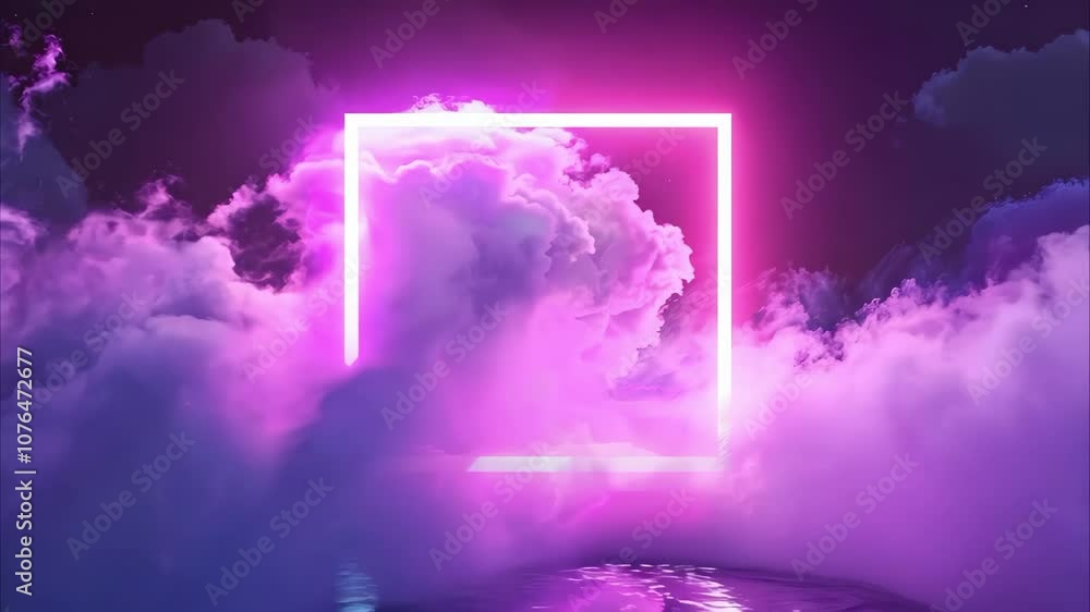 A surreal scene featuring a glowing pink rectangular frame surrounded by clouds and reflective water, creating a mystical atmosphere.