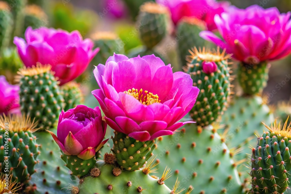 A close-up of a prickly pear cactus with vibrant pink flowers blooming in the crevices, botanical, prickly pear cactus, floral, garden, macro photography A close-up of a prickly pear cactus with vibrant pink flowers blooming in the crevices, botanical, prickly pear cactus, floral, garden, macro photography