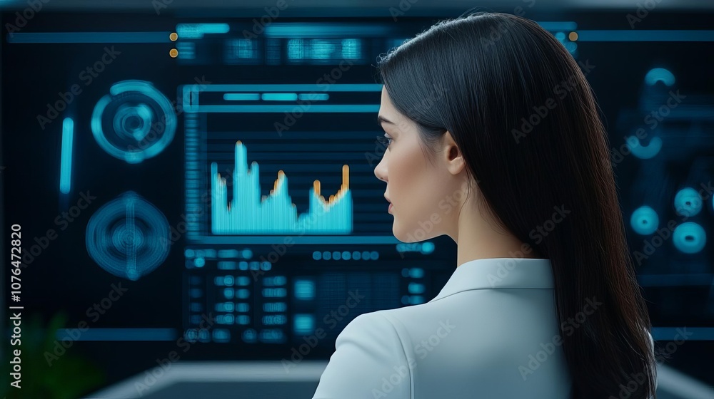 Woman analyzing trends on futuristic screen, interface showing rising graphs, moody lighting, market analysis, tech interface Woman analyzing trends on futuristic screen, interface showing rising graphs, moody lighting, market analysis, tech interface