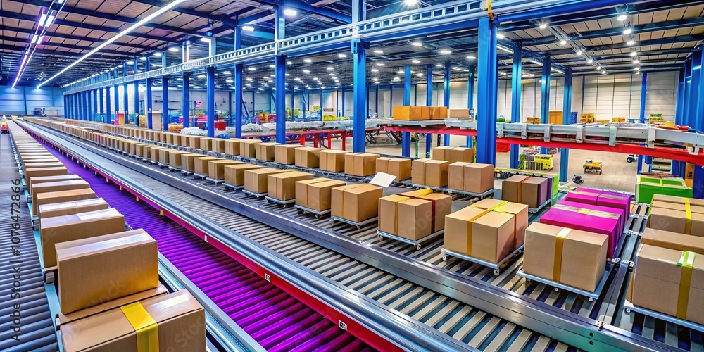Fashion Photography Featuring an Automated E-Commerce Logistics Conveyor Belt System in a Warehouse Surrounded by Neatly Organized Rows of Cardboard Packages for Modern Retail Solutions Fashion Photography Featuring an Automated E-Commerce Logistics Conveyor Belt System in a Warehouse Surrounded by Neatly Organized Rows of Cardboard Packages for Modern Retail Solutions