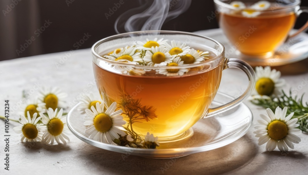 Chamomile herbal tea with flowers in a transparent cup, steam rising on a textured surface Chamomile herbal tea with flowers in a transparent cup, steam rising on a textured surface
