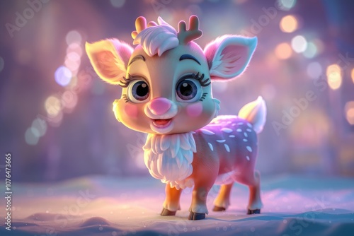 Cute cartoon deer with big eyes and pink cheeks in a snowy scene