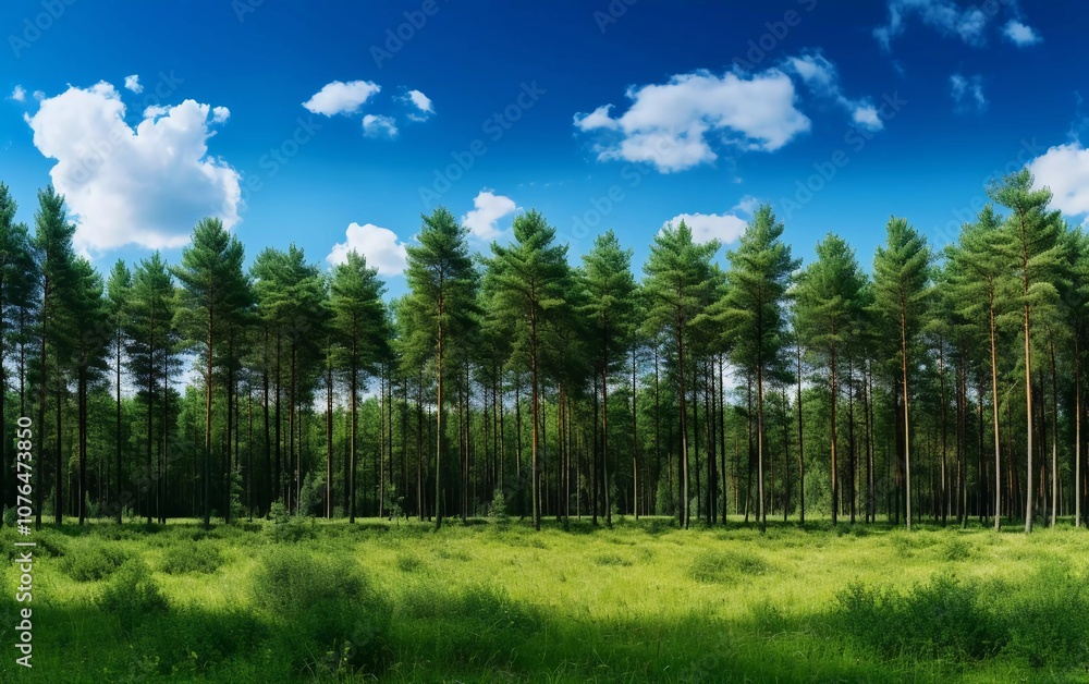A serene landscape featuring tall trees under a bright blue sky with scattered clouds. A serene landscape featuring tall trees under a bright blue sky with scattered clouds.