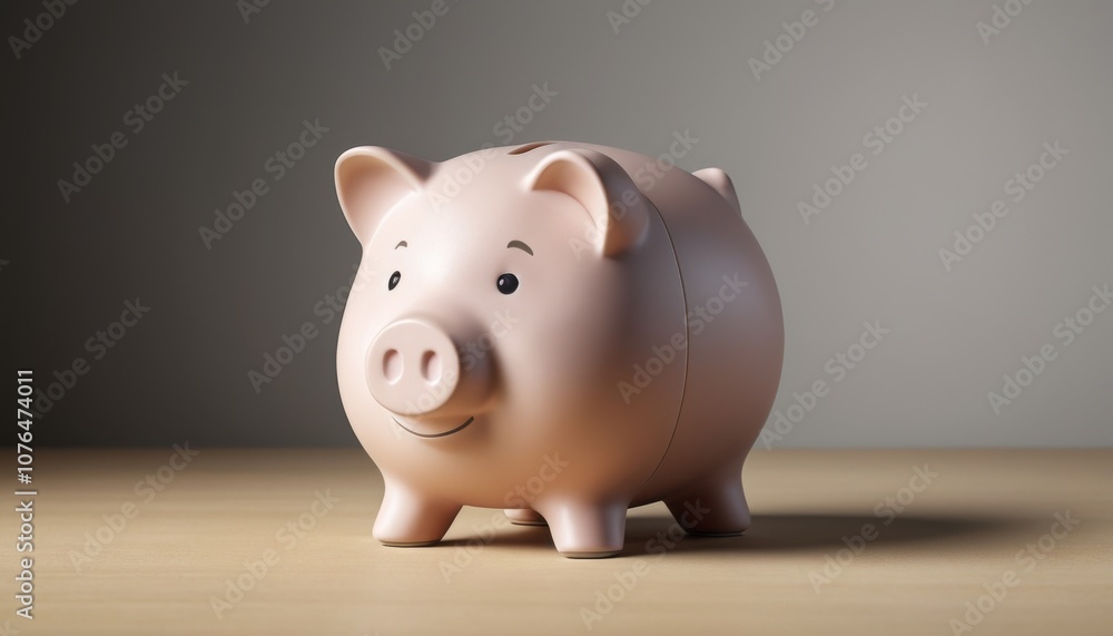 Cute pink piggy bank with a smiling face on a wooden table with soft lighting Cute pink piggy bank with a smiling face on a wooden table with soft lighting