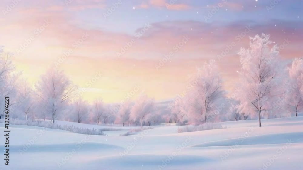 A serene winter landscape with snow-covered trees and a pastel sky at sunset. A serene winter landscape with snow-covered trees and a pastel sky at sunset.