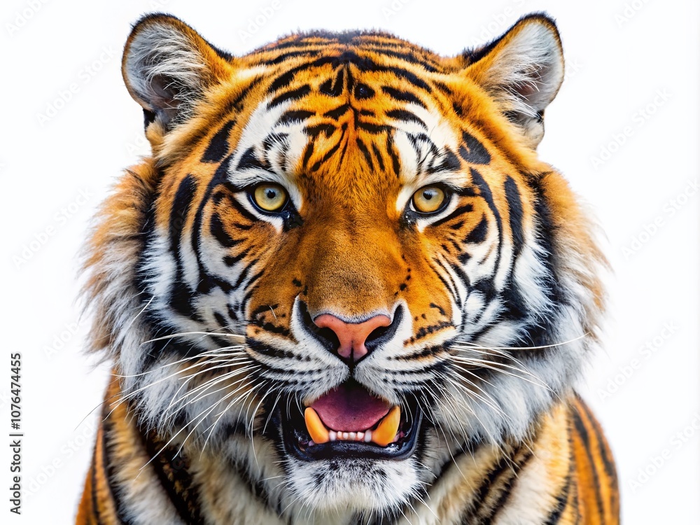 Fierce Animated Tiger Roaring with Sharp Teeth and Vibrant Fur Pattern on a Plain White Background for Engaging Product Photography Fierce Animated Tiger Roaring with Sharp Teeth and Vibrant Fur Pattern on a Plain White Background for Engaging Product Photography