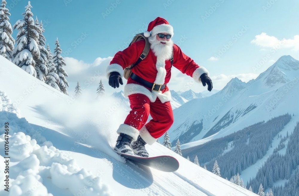 Santa Claus snowboarding on a snowy mountain slope. Happy New Year. Merry Christmas. Santa Claus snowboarding on a snowy mountain slope. Happy New Year. Merry Christmas.