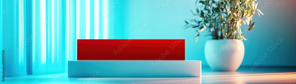 Fototapeta premium A modern interior scene featuring a red piece on a white platform, accented by soft blue light and a green plant in a decorative pot.
